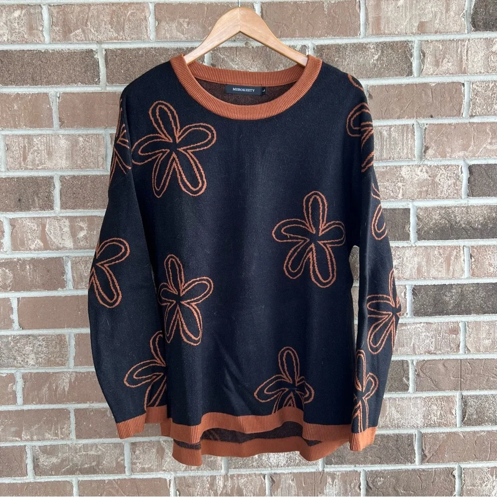 Floral black & orange sweater // large - Picture 1 of 4